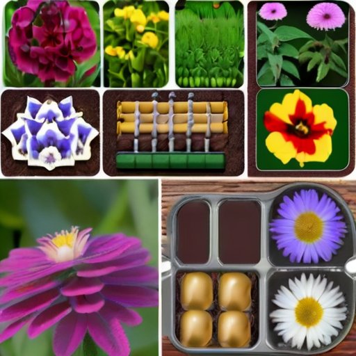 Яркий сад с цветущими бальзаминами и семенами, инструменты для садоводства.