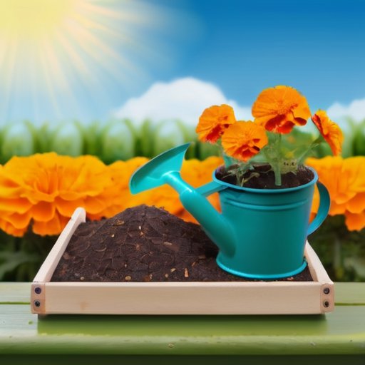 Садовое рабочее место с семенами бархатцев, грунтом и инструментами на фоне зелени и солнечного неба.