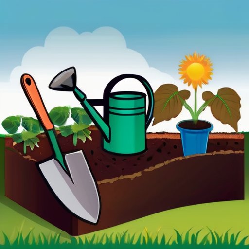 Яркий домашний сад с здоровыми растениями батата, инструментами и этапами роста на фоне солнечного неба.