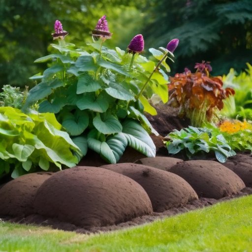 Сочный сад с яркими растениями сладкого картофеля и инструментами для садоводства на фоне ясного неба.