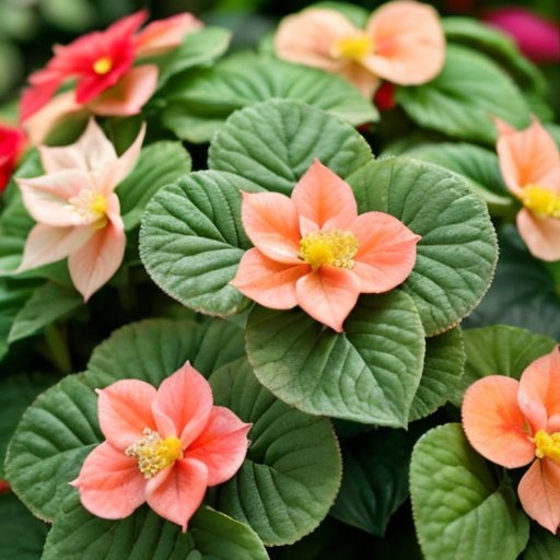 Цветущая бегония в разных стадиях роста с семенами, горшком и инструментами для садоводства в уютной обстановке.