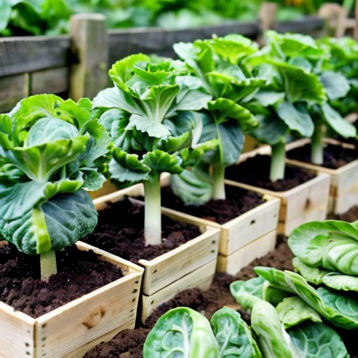 Упорядоченный овощной сад с растущими брюссельскими капустами, солнечное небо, деревянный знак и садовые инструменты.