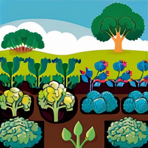 Солнечный овощной сад с зелеными брокколи, садовыми инструментами и табличкой