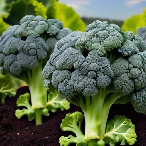 Солнечный сад с зелеными брокколи, темной почвой и садовыми инструментами.