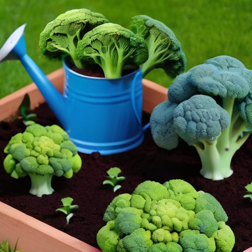 Роскошный зеленый огород с ярким брокколи, темная почва, ясное небо и аккуратные ряды, рядом поливочная канистра и инструменты для садоводства.