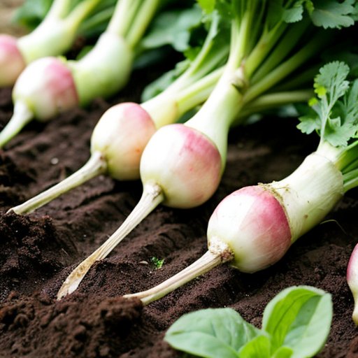 Сад с даиконом: здоровые редьки, темная почва, инструменты и удобрения.
