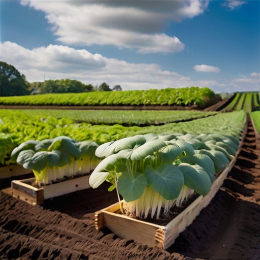 Сад с зелеными растениями дайкона под солнечным небом.