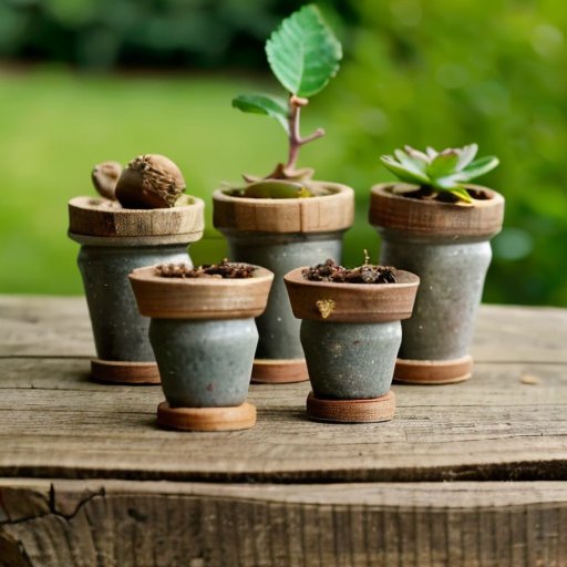 Деревянный стол с желудями, саженцами дуба и инструментами для садоводства на фоне зелёного сада.