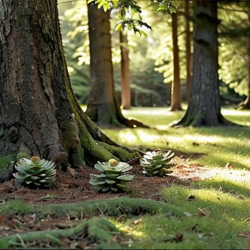 Солнечный лес с молодыми сосенками, шишками и зелеными листьями.