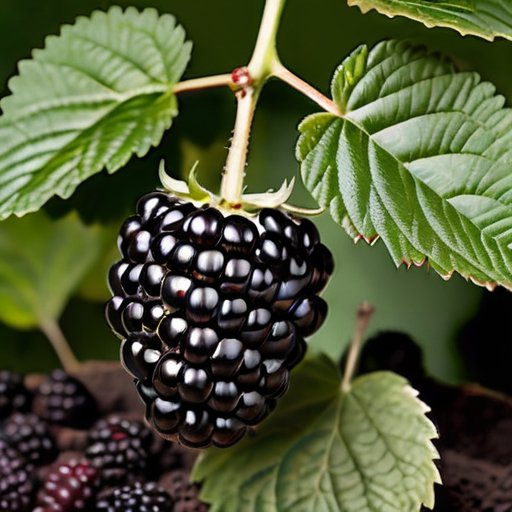 Яркий куст ежевики с сочными ягодами на фоне солнечного сада и садовых инструментов.