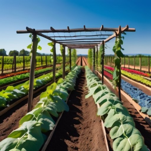 Солнечный овощной сад с зелеными бобами, деревянной решеткой и ярким небом.