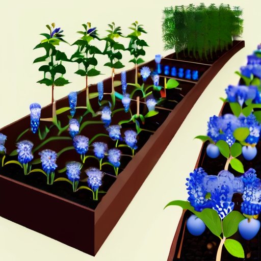 Яркий сад черники с различными методами размножения: рассадные ящики, черенки в горшках, укорененные ветки и деленки кустов. На фоне зелень, подчерки