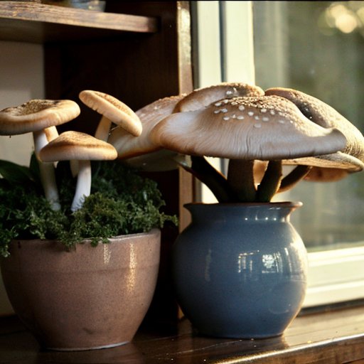 Уютный интерьер для выращивания грибов с контейнерами, увлажнителем и растениями.