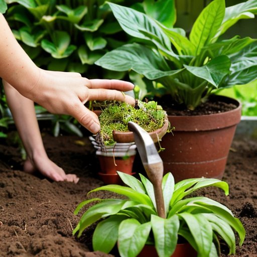 Солнечный домашний сад с зелеными растениями имбиря, инструментами для садоводства и горшками.