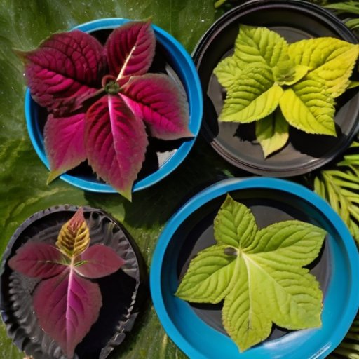 Яркие листья колеуса в саду с рассадным лотком и инструментами для садоводства.