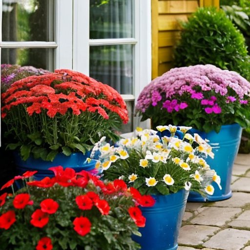 Яркий сад с цветущими лобелиями, семенами, инструментами и почвой на фоне солнечного дня.