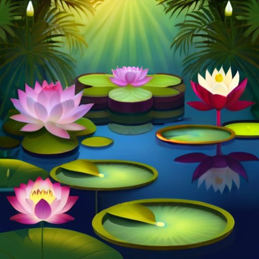 Спокойный водный сад с яркими цветами лотоса, кувшинками и семенами лотоса на фоне тихого пруда.