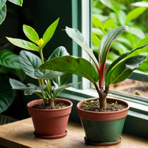 Яркая сцена с комнатным садом: здоровые саженцы мандаринов в горшках, яркие зеленые листья, поливочная лейка и солнечный свет.