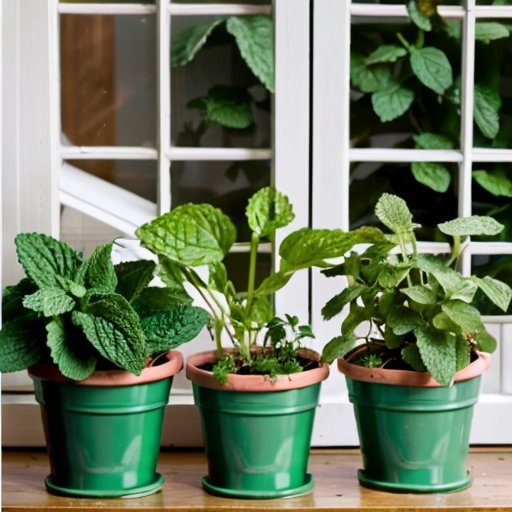 Яркий интерьерный сад с различными сортами мяты в горшках, солнечное окно и садовые инструменты.
