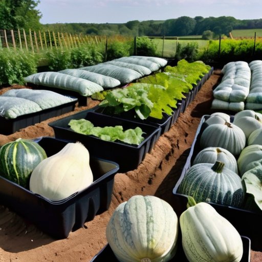 Яркий, организованный овощной сад с патиссонами на разных стадиях роста, с разделами для подготовки семян, посадки и ухода.