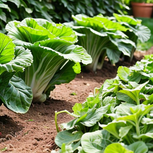 Солнечный огород с зелеными капустами, рядом садовые инструменты.