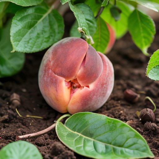 Персиковая косточка в темной почве, окруженная зелеными ростками, символизирует начало роста.