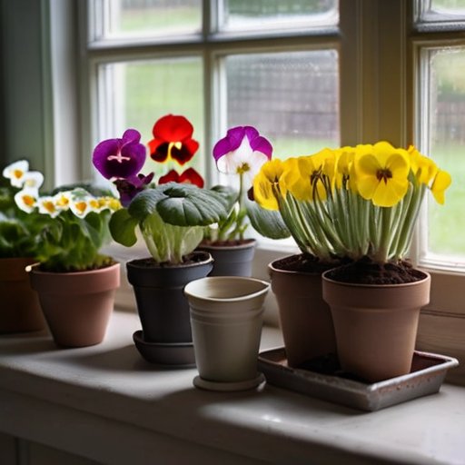 Уютный домашний сад с пакетами семян примул, горшками с землёй и солнечным светом.