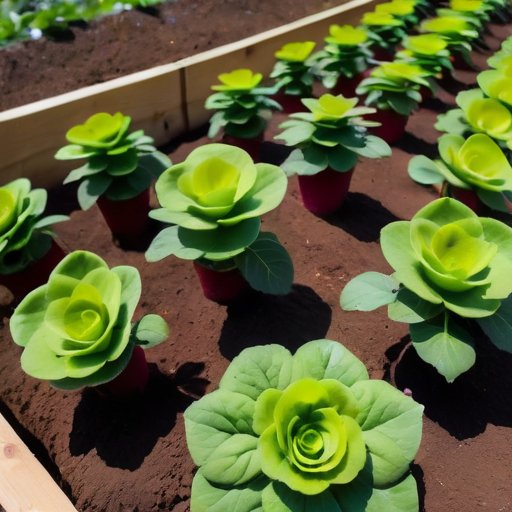 Солнечный овощной сад с зелеными редисками и инструментами для ухода.