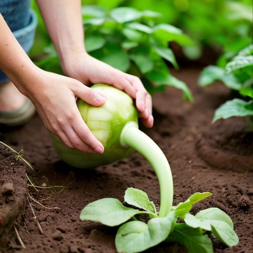 Ухоженная грядка для репы с темной почвой, рядами семян, зелеными растениями и садовыми инструментами.