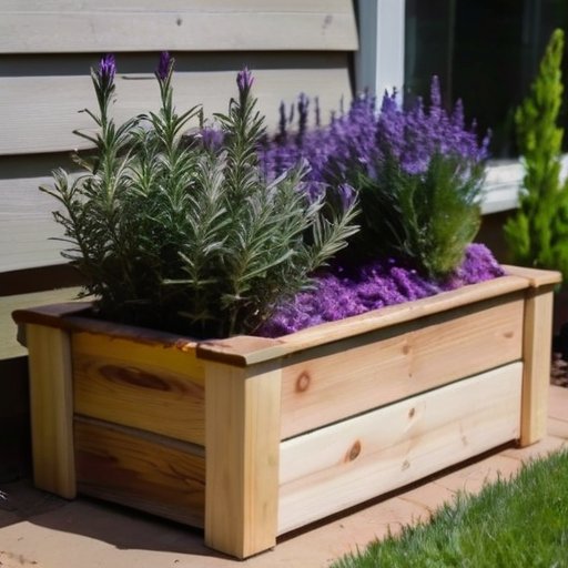 Солнечный сад с розмарином в деревянном ящике, рядом лопатка и лейка.