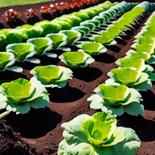 Зеленый сад с ярким салатом «Айсберг», аккуратно посаженные саженцы, поливочная канистра и инструменты на фоне солнечного неба.