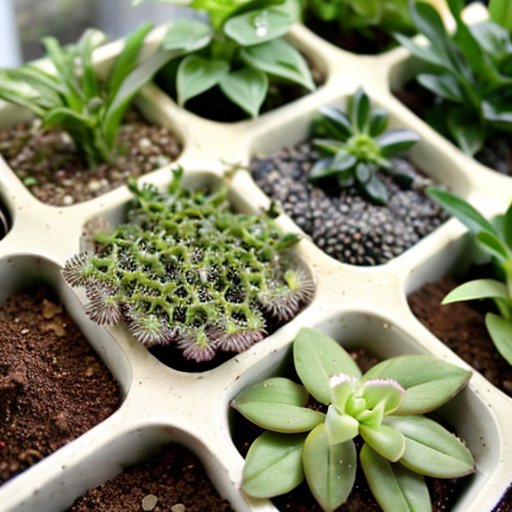 Небольшой домашний сад с trays семян чиа на разных стадиях роста, солнечный свет и капли воды на зеленых ростках.