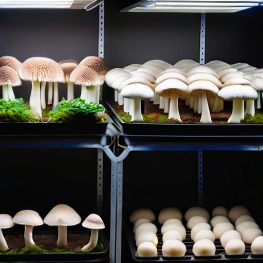 Аккуратный интерьер для выращивания грибов с различными стадиями белых шампиньонов в поддонах, термометрами и гигрометрами, мягким освещением и организованным рабочим простран