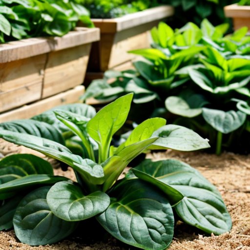 Сад с зелеными шпинатными растениями, ухоженная грядка и садовые инструменты на фоне солнечного света.