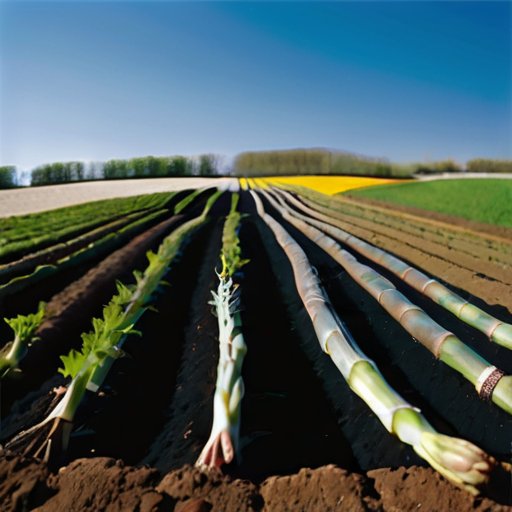 Сад спаржи с разными стадиями роста, яркие побеги и зрелые спаржи на фоне плодородной почвы и ясного неба.