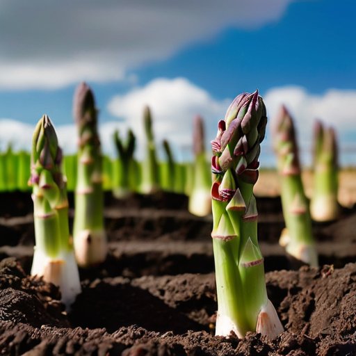 Ухоженный сад спаржи с зелеными растениями, ярким солнцем и инструментами.