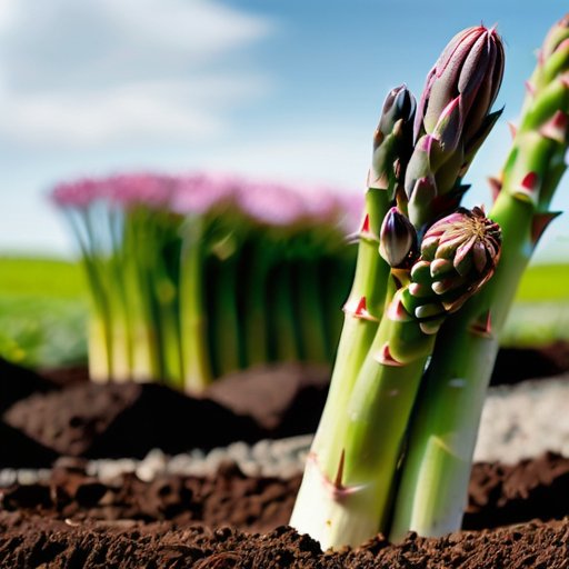 Солнечный сад с зелеными спаржевыми побегами и инструментами для садоводства.