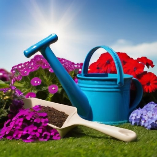 Солнечный сад с яркими цветами вербены, инструментами для садоводства и готовыми к посадке контейнерами.