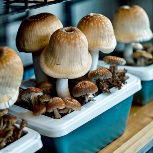 Организованный интерьер для выращивания грибов-острицы с полками, субстратом и системой контроля температуры.