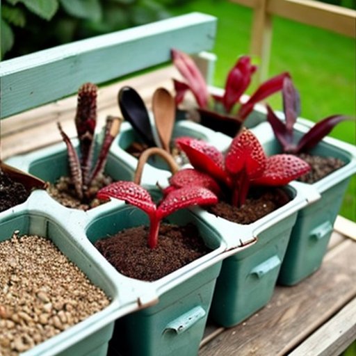 Уютный домашний сад с рассадой клубники, инструментами и солнечным окном.