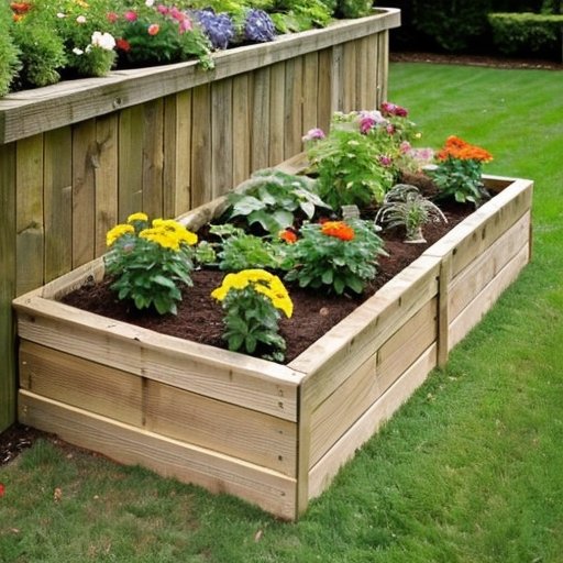 Красивая приподнятая грядка с овощами и цветами на солнечном участке.