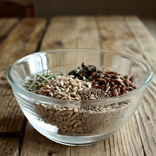 Стеклянная чаша с семенами в жидкостях, окруженная садовыми инструментами на деревянном столе.