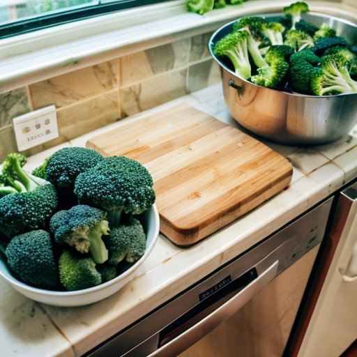 Организованный кухонный стол: свежий брокколи, нарезанный для заморозки, кастрюля с кипящей водой, ледяная вода, пакеты для заморозки и заметки о блан