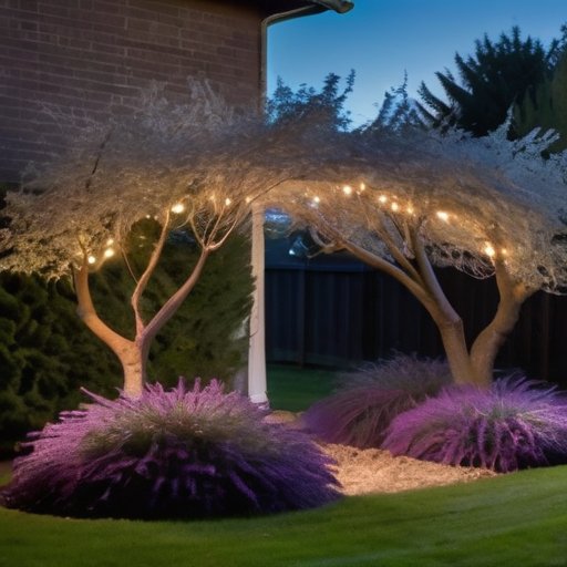 Уютный сад в сумерках с цветущими фруктовыми деревьями, защищёнными тканью, и свечами, создающими атмосферу тепла.