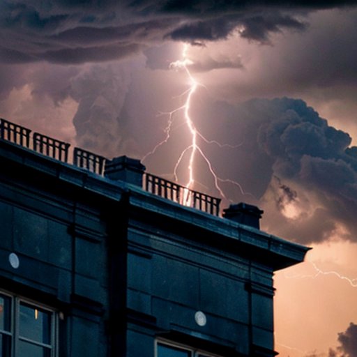 Современное здание с громоотводом на крыше, соединённым с заземляющим проводом, на фоне ясного неба и далёкой грозовой тучи.