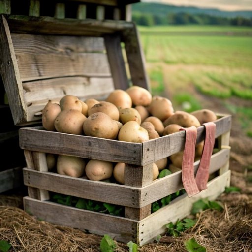 Деревянный ящик с свежими картофелем, окруженный мешками и инструментами для хранения, на фоне фермы.