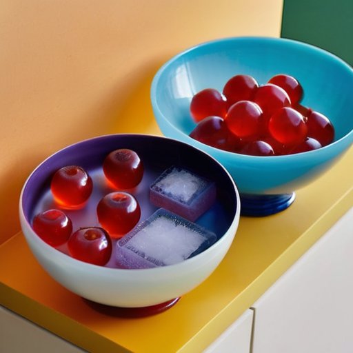 Яркий кухонный стол с двумя мисками: одна с желе, другая с агар-агар, окруженные свежими фруктами, травами и кулинарными инструментами, на фоне открытой кулинарной