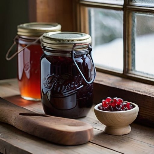 Рустикальный кухонный стол с банками варенья из жимолости, компота и сушеными ягодами, свежие ягоды в миске, деревянная ложка, теплый уютный фон.