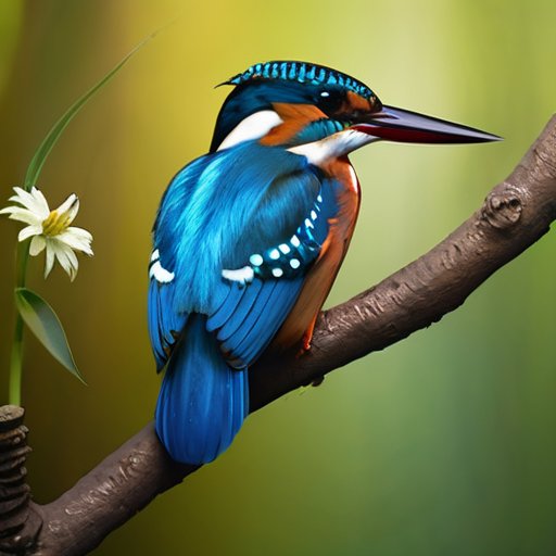 Яркий берег реки с зимородком на ветке, зеленью, цветами и плавающими рыбами.