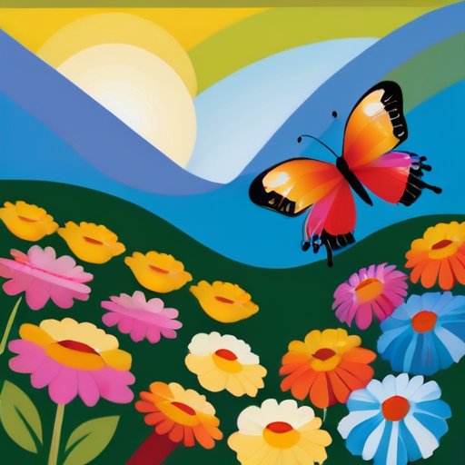 Яркий сад с цветущими растениями, пчелами и солнечным небом.